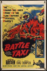3z064 BATTLE TAXI 1sh '55 Sterling Hayden, Arthur Franz, fiery helicopter action art!