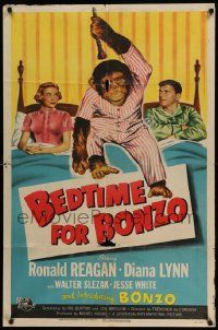 3z067 BEDTIME FOR BONZO 1sh '51 art of chimpanzee between Ronald Reagan & Diana Lynn!
