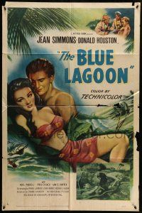3z108 BLUE LAGOON 1sh '49 art of sexy stranded Jean Simmons & Donald Houston!