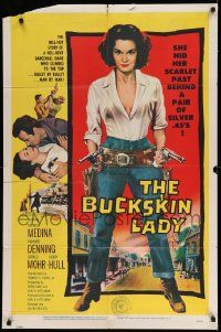 3z135 BUCKSKIN LADY 1sh '57 sexy full-length bad cowgirl Medina with both guns drawn!