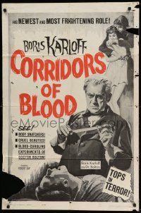 3z186 CORRIDORS OF BLOOD 1sh '63 Boris Karloff, Christopher Lee, blood-curdling experiments!