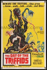 3z210 DAY OF THE TRIFFIDS 1sh '62 classic English sci-fi horror, cool art of monster with girl!
