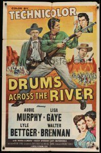 3z238 DRUMS ACROSS THE RIVER 1sh '54 Audie Murphy in an empire of savage hate, cool art!