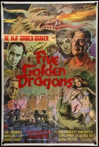 3z286 FIVE GOLDEN DRAGONS English 1sh '67 cool montage art of Chris Lee, Kinski, Raft & Cummings!