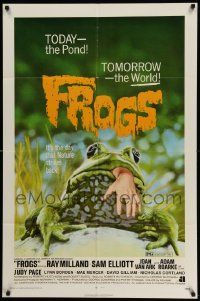 3z307 FROGS 1sh '72 great horror art of man-eating amphibian with human hand hanging from mouth!