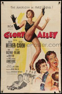 3z333 GLORY ALLEY 1sh '52 boxer Ralph Meeker, sexy Leslie Caron, Louis Armstrong playing trumpet!