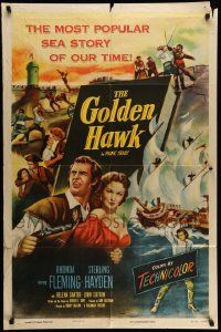 3z339 GOLDEN HAWK 1sh '52 art of pretty Rhonda Fleming & swashbuckling Sterling Hayden!