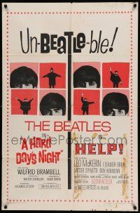 3z367 HARD DAY'S NIGHT/HELP 1sh '65 great images of the Beatles, ultra rare double-bill!