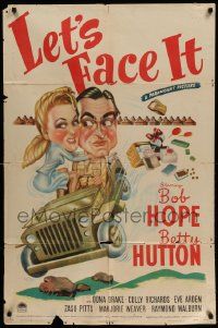 3z483 LET'S FACE IT style A 1sh '43 art of Bob Hope & Betty Hutton in jeep, songs by Cole Porter!