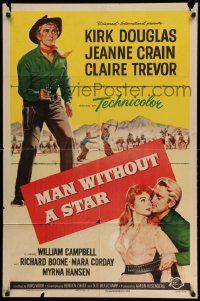 3z541 MAN WITHOUT A STAR 1sh '55 art of cowboy Kirk Douglas pointing gun, Jeanne Crain
