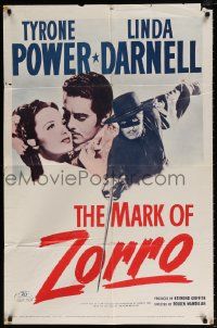 3z545 MARK OF ZORRO 1sh R58 masked hero Tyrone Power in costume & with young Linda Darnell!