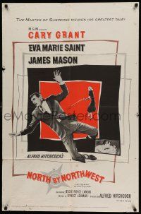 3z621 NORTH BY NORTHWEST 1sh '59 Hitchcock, classic art of Cary Grant & Eva Marie Saint!