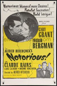 3z625 NOTORIOUS 1sh R54 Alfred Hitchcock, Cary Grant, Ingrid Bergman, different!