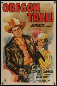 3z646 OREGON TRAIL 1sh '45 best artwork of cowboy Sunset Carson with Peggy Stewart!