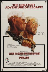 3z665 PAPILLON 1sh '73 wonderful art of prisoners Steve McQueen & Dustin Hoffman by Tom Jung!