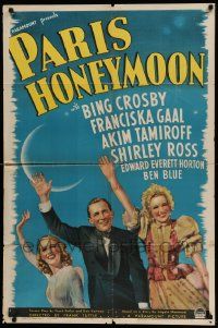 3z668 PARIS HONEYMOON 1sh '39 Bing Crosby between beautiful ladies Franciska Gaal & Shirley Ross!