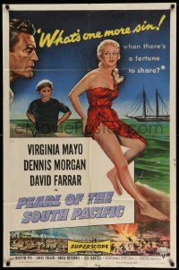 3z677 PEARL OF THE SOUTH PACIFIC 1sh '55 art of sexy Virginia Mayo in sarong & Dennis Morgan!