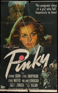 3z690 PINKY 1sh '49 Elia Kazan directed, Jeanne Crain, classic half-white/half-black image!