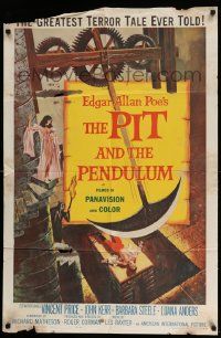 3z693 PIT & THE PENDULUM 1sh '61 Edgar Allan Poe's greatest terror tale, horror horror art!