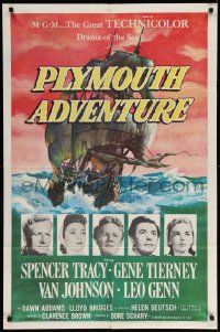 3z698 PLYMOUTH ADVENTURE 1sh '52 Spencer Tracy, Gene Tierney, cool art of ship at sea!