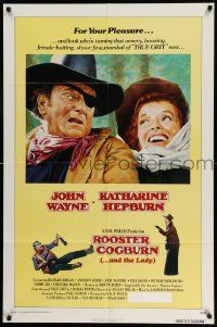 3z769 ROOSTER COGBURN 1sh '75 great art of John Wayne & Katharine Hepburn!