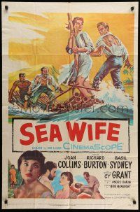 3z784 SEA WIFE 1sh '57 great castaway art of sexy Joan Collins & Richard Burton on raft at sea!