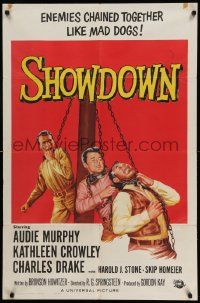 3z802 SHOWDOWN 1sh '63 Audie Murphy & enemies chained together at the neck!