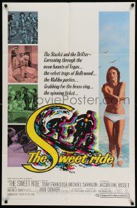 3z854 SWEET RIDE 1sh '68 1st Jacqueline Bisset standing topless in bikini, cool surfing art!