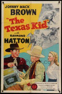 3z880 TEXAS KID 1sh '43 stone litho of cowboys Johnny Mack Brown, Raymond Hatton & girl!