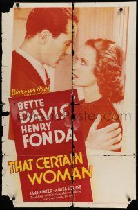 3z881 THAT CERTAIN WOMAN 1sh '37 close up of Henry Fonda holding Bette Davis, with those eyes!