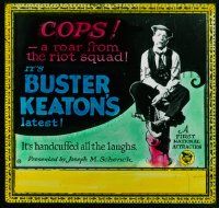 4a048 COPS glass slide '22 great image of Buster Keaton on fire hydrant, handcuffed laughs!