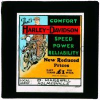 4a001 HARLEY-DAVIDSON Australian glass slide 1910s early motorcycle art, comfort, speed, power!