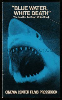 4a517 BLUE WATER, WHITE DEATH pressbook '71 cool close image of great white shark with open mouth!