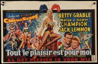 4b298 THREE FOR THE SHOW Belgian '54 artwork of sexy Betty Grable, Jack Lemmon!