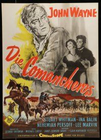 4b536 COMANCHEROS German '61 Michael Curtiz, art of cowboy John Wayne, red Wayne credit design!