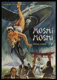 4b591 MOSHI-MOSHI: HALLO JAPAN German '61 great travel documentary, topless diver & shark art!