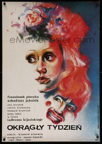 4b217 OKRAGLY TYDZIEN Polish 26x37 '77 incredible artwork of woman & clown by Jerzy Kwiatkowski!