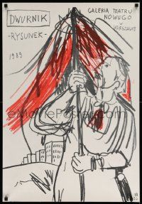 4b193 DWURNIK RYSUNEK exhibition Polish 23x33 '89 Edward Dwurnik artwork of man & umbrella!