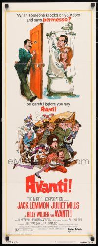 4c527 AVANTI insert '72 Billy Wilder, wacky art of Jack Lemmon & cast by Sandy Kossin!