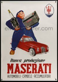 4j828 MASERATI 28x39 Italian commercial poster '80s cool art of guy standing over car!
