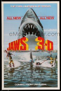 4j486 JAWS 3-D 14x21 special '83 great Gary Meyer shark artwork, the third dimension is terror!
