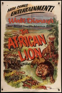 4p025 AFRICAN LION 1sh '55 Walt Disney jungle safari documentary, cool animal artwork!