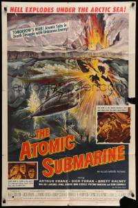 4p056 ATOMIC SUBMARINE 1sh '59 cool Reynold Brown art, hell explodes under the Arctic Sea!