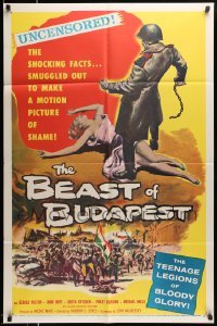 4p071 BEAST OF BUDAPEST 1sh '58 wild artwork of Russian soldier standing over sexy woman!