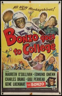 4p106 BONZO GOES TO COLLEGE 1sh '52 wacky artwork of chimp playing football, all new monkeyshines!