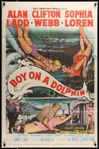 4p110 BOY ON A DOLPHIN 1sh '57 art of Alan Ladd & sexiest Sophia Loren swimming underwater!