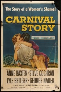 4p130 CARNIVAL STORY 1sh '54 sexy Anne Baxter held by Steve Cochran who she loves real bad!