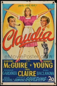 4p149 CLAUDIA 1sh '43 art of full-length Dorothy McGuire, Robert Young & Ina Claire!