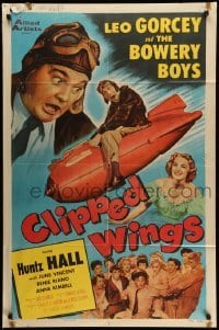 4p150 CLIPPED WINGS 1sh '53 Bowery Boys, wacky image of Leo Gorcey watching Hall riding a bomb!