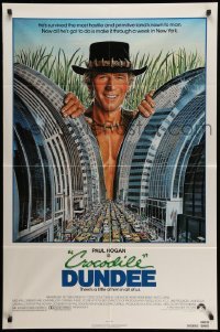 4p168 CROCODILE DUNDEE 1sh '86 cool art of Paul Hogan looming over New York City by Daniel Goozee!